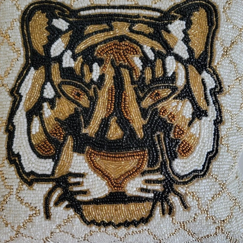 Tiger Beaded Throw Pillows‎ Set of 2 Cream Gold Safari Decor 14in Square